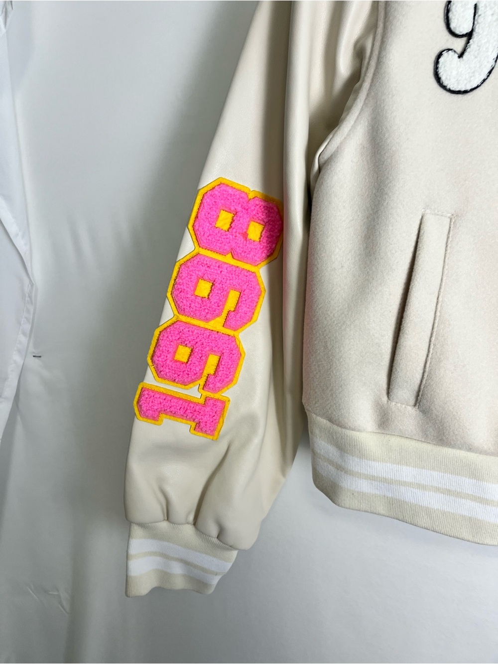Cream Varsity Jacket with Pink & Yellow Patchwork - Picture 2 of 13